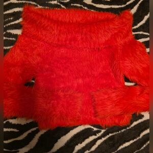 Fuzzy Red Off-Shoulder Sweater